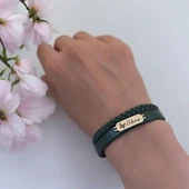 14 Ayar Altın Plakalı İsme Özel Hakiki Koyu Yeşil Derili Kelebek Figürlü Hediye Bileklik-656 thumbnail 2