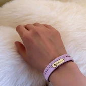 14 Ayar Altın Plakalı İsme Özel Açık Mor Derili Kelebek Motifli Hediye Bileklik-655 thumbnail 2