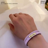 14 Ayar Altın Plakalı Doğum Ayına Özel Açık Mor Derili Kelebek Motifli Hediye Bileklik-655 thumbnail 2