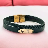 14 Ayar Altın Plakalı Sembole Özel Hakiki Koyu Yeşil Derili Kelebek Figürlü Hediye Bileklik-656 thumbnail 1