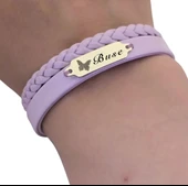 14 Ayar Altın Plakalı İsme Özel Açık Mor Derili Kelebek Motifli Hediye Bileklik-655 thumbnail 3