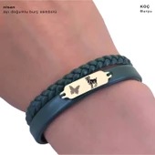 14 Ayar Altın Plakalı Burca Özel Kelebek Figürlü Hakiki Koyu Yeşil Derili Hediye Bileklik-656 thumbnail 3