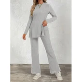 Lucky Life Kadın Uzun Kollu Bisiklet Yaka Yandan Yırtmaçlı şardonlu Kaşkorse Bluz Ve Pantolon Ikili Takım - 1