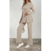 Lucky Life Kadın Uzun Kollu Bisiklet Yaka Yandan Yırtmaçlı şardonlu Kaşkorse Bluz Ve Pantolon Ikili Takım thumbnail 2