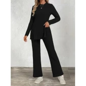 Lucky Life Kadın Uzun Kollu Bisiklet Yaka Yandan Yırtmaçlı şardonlu Kaşkorse Bluz Ve Pantolon Ikili Takım thumbnail 1