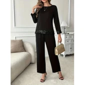 Lucky Life Kadın Uzun Kollu Bisiklet Yaka Pulpayetli Viskon Iki Iplik Bluz Ve Pantolon Ikili Takım thumbnail 2