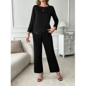 Lucky Life Kadın Uzun Kollu Bisiklet Yaka Pulpayetli Viskon Iki Iplik Bluz Ve Pantolon Ikili Takım thumbnail 1