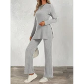 Lucky Life Kadın Uzun Kollu Bisiklet Yaka Yandan Yırtmaçlı şardonlu Kaşkorse Bluz Ve Pantolon Ikili Takım - 2