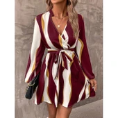 Lucky Life Kadın Uzun Kollu Kruvaze Yakalı Desenli Modal Mini Elbise thumbnail 2