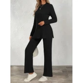 Lucky Life Kadın Uzun Kollu Bisiklet Yaka Yandan Yırtmaçlı şardonlu Kaşkorse Bluz Ve Pantolon Ikili Takım thumbnail 2