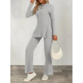 Lucky Life Kadın Uzun Kollu Bisiklet Yaka Yandan Yırtmaçlı şardonlu Kaşkorse Bluz Ve Pantolon Ikili Takım - 4