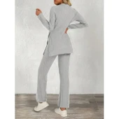 Lucky Life Kadın Uzun Kollu Bisiklet Yaka Yandan Yırtmaçlı şardonlu Kaşkorse Bluz Ve Pantolon Ikili Takım - 3