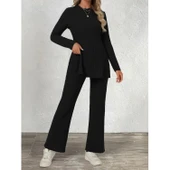 Lucky Life Kadın Uzun Kollu Bisiklet Yaka Yandan Yırtmaçlı şardonlu Kaşkorse Bluz Ve Pantolon Ikili Takım thumbnail 3