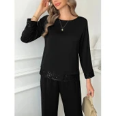 Lucky Life Kadın Uzun Kollu Bisiklet Yaka Pulpayetli Viskon Iki Iplik Bluz Ve Pantolon Ikili Takım thumbnail 4