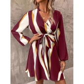 Lucky Life Kadın Uzun Kollu Kruvaze Yakalı Desenli Modal Mini Elbise thumbnail 1