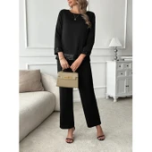 Lucky Life Kadın Uzun Kollu Bisiklet Yaka Pulpayetli Viskon Iki Iplik Bluz Ve Pantolon Ikili Takım thumbnail 3