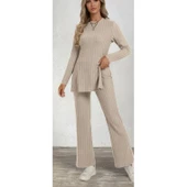 Lucky Life Kadın Uzun Kollu Bisiklet Yaka Yandan Yırtmaçlı şardonlu Kaşkorse Bluz Ve Pantolon Ikili Takım thumbnail 1