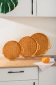 Porsima 710-B Yuvarlak 3'lü Dekoratif Ev Mutfak Düzenleyici Kulplu Hasır Sepet Seti Hasır Tepsi thumbnail 2
