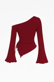 Kadın Bordo Uzun İspanyol Kollu Asimetirik Yaka Yandan Bağlamalı Drapeli Bluz thumbnail 3