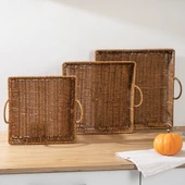 Porsima 709-C Kare 3'lü Dekoratif Ev Banyo Mutfak Düzenleyici Kulplu Hasır Sepet Seti Hasır Tepsi thumbnail 4