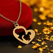 Anne ve Çocuk Sevgisi Figürlü Bayanlara Özel 14 Ayar Altın Plakalı Altın Renkli Zincirli Hediyelik Kolye-659 thumbnail 1