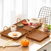 Porsima 709-C Kare 3'lü Dekoratif Ev Banyo Mutfak Düzenleyici Kulplu Hasır Sepet Seti Hasır Tepsi thumbnail 2