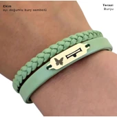 14 Ayar Altın Plakalı Doğum Ayına Özel Doğal Yeşil Derili Kelebek Motifli Hediye Bileklik-660 thumbnail 3