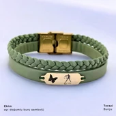 14 Ayar Altın Plakalı Burca Özel Kelebek Motifli Doğal Yeşil Derili Hediye Bileklik-660 thumbnail 1