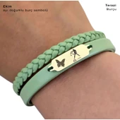 14 Ayar Altın Plakalı Burca Özel Kelebek Motifli Doğal Yeşil Derili Hediye Bileklik-660 thumbnail 3