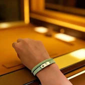 14 Ayar Altın Plakalı Sembole Özel Doğal Yeşil Derili Kelebek Motifli Hediye Bileklik-660 thumbnail 2