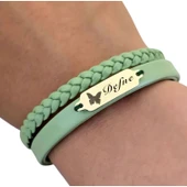 14 Ayar Altın Plakalı İsme Özel Doğal Yeşil Derili Kelebek Motifli Hediye Bileklik-660 thumbnail 3