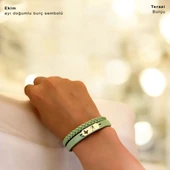 14 Ayar Altın Plakalı Burca Özel Kelebek Motifli Doğal Yeşil Derili Hediye Bileklik-660 thumbnail 2