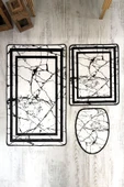 Bambu Kumaş Deri Tabanlı Yıkanabilir 3'lü Klozet Takımı Modern Desenli Kaymaz Banyo Paspas Seti BKLZ0005 RENKLİ 60 X 100 - 2
