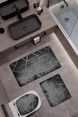 Bambu Kumaş Deri Tabanlı Yıkanabilir 3'lü Klozet Takımı Modern Desenli Kaymaz Banyo Paspas Seti BKLZ0007 RENKLİ 60 X 100 - 1