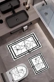 Bambu Kumaş Deri Tabanlı Yıkanabilir 3'lü Klozet Takımı Modern Desenli Kaymaz Banyo Paspas Seti BKLZ0005 RENKLİ 60 X 100 - 1