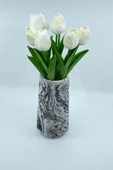 20 Cm Mermer Desenli Beton Vazoda Yapay Islak Lale 7 Dal Beyaz - 2