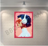 Müzik Dinleyen Kız Retro Ahşap Poster - 1
