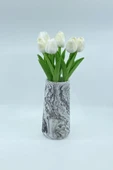 20 Cm Mermer Desenli Beton Vazoda Yapay Islak Lale 7 Dal Beyaz - 1