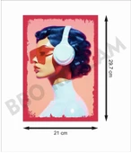 Müzik Dinleyen Kız Retro Ahşap Poster - 2
