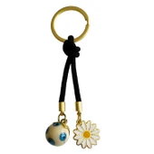 Top Şekilli Boncuk ve Papatya Figürlü Siyah İpli Şık Anahtarlık - 1