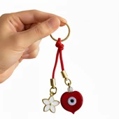 Kalp Nazar Boncuklu ve Lotus Figürlü Kırmızı İpli Şık Anahtarlık - 2