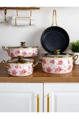 Lilium 7 Parça Pembe Gül Desenli Emaye Tencere & Tava Seti thumbnail 4