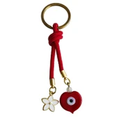 Kalp Nazar Boncuklu ve Lotus Figürlü Kırmızı İpli Şık Anahtarlık - 1