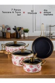 Lilium 7 Parça Pembe Gül Desenli Emaye Tencere & Tava Seti thumbnail 1