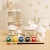 Ehobici Taş Boyama Seti Mantar Evler 6 Renk Akrilik Boya 5ml + Fırça - 1