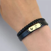 14 Ayar Altın Plakalı Harfe Özel Kelebek Motifli Hakiki Siyah Derili Hediye Bileklik-678 thumbnail 3