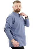 Mode XL Büyük Beden Erkek Sweatshirt Polo Yaka Uzun Kol WAFFLE 23449 İndigo thumbnail 3
