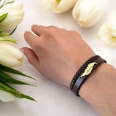 14 Ayar Altın Plakalı İsme Özel Hakiki Kahverengi Derili Yaprak Motifli Hediye Bileklik-680 thumbnail 2