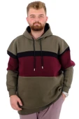 Mode XL Büyük Beden Erkek 3 İplik Sweatshirt Garnili Kapüşonlu U24545 Haki thumbnail 1