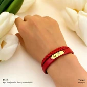 14 Ayar Altın Plakalı Burca Özel Kelebek Figürlü Hakiki Bordo Derili Hediye Bileklik-677 thumbnail 2